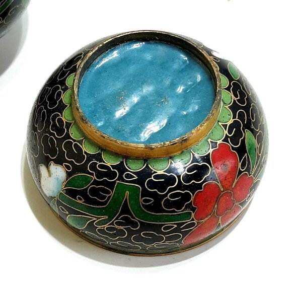 Chinese Cloisonne Open Salt & Pepper Vintage Enamel Brass Floral Black Red Blue - Picture 7 of 7